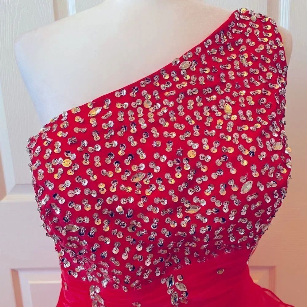 Red One-Shoulder Ruffled Gown - Picture 6 of 15